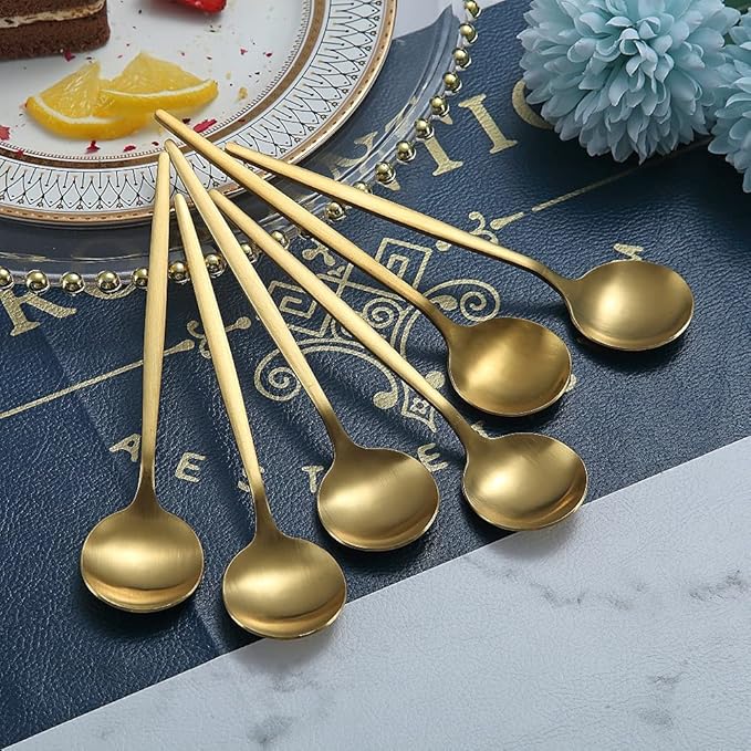 Matt Gold 6 Piece Teaspoons, 6.6'' Silverware, Stainless Steel Tea Spoons for Home or Restaurant, Dishwasher Safe