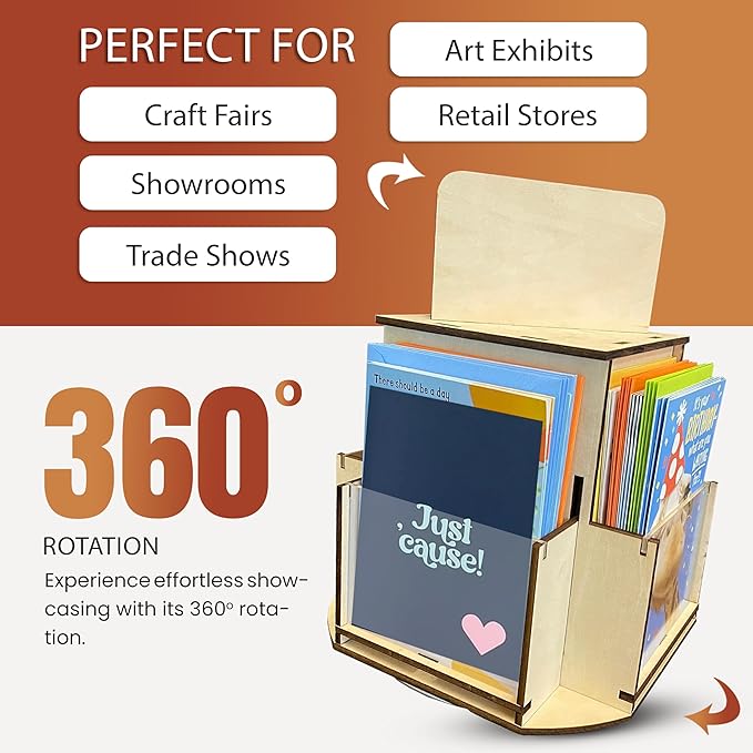 Rotating Greeting Card Display Stand, 1 Tier Wooden Organizer, 4-Sided Display Rack 360 Degree Spinning Multi-Pocket Display for Coasters, Stickers, Retail, Showcase, Tradeshow, 12.5”H (Natural)