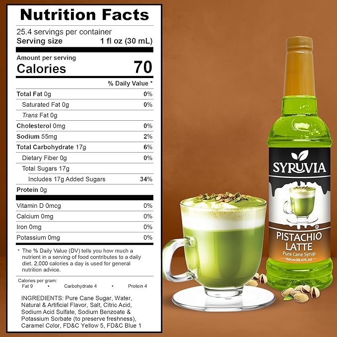 Syruvia Coffee Syrup, Pistachio Latte Flavored Syrup for Drinks, Lattes, and Desserts – 25.4 fl oz, With Pump