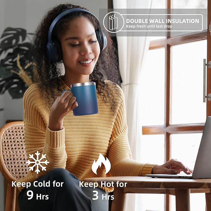 Volhoply 12oz Insulated Leakproof Coffee Mug with Flip & Straw Lid Bulk 4 Pack,Double Wall Vacuum Stainless Steel Travel Tumbler Cup with Handle,Camping Mugs Keep Cold/Hot(Dark Night,4 Set)