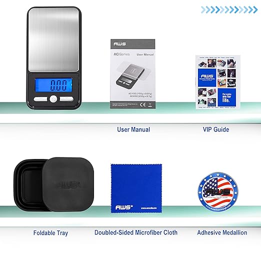 American Weigh Scales Digital Pocket Scale AC SERIES 150g x 0.01g | High Precision 0.001g Accuracy Mini Gram Scale for Kitchen, Lab, Jewelry, Coin Scale, Small Digital Gram Scale Portable Travel Scale