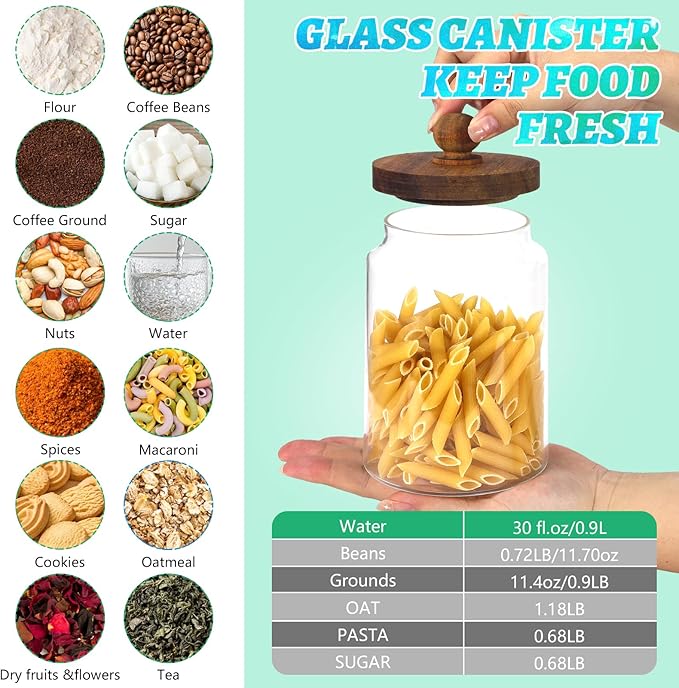 Glass Spice Jar Coffee Sugar Container Airtight Glass Jar Food Storage Canisters Bottle for Kitchen Seasoning Tea Herb Overnight Oats Bar Parfait Snacks (900ml/30oz-2pcs-A)