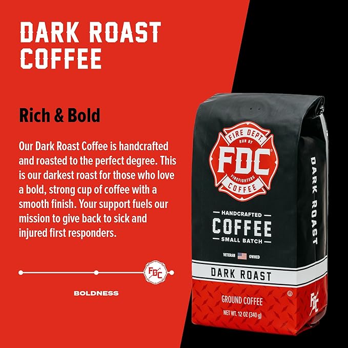 Fire Department Coffee - Gives Back to Firefighters - Bold & Smooth Dark Roast Ground Coffee - Roasted in the USA - Veteran Owned - 12 oz
