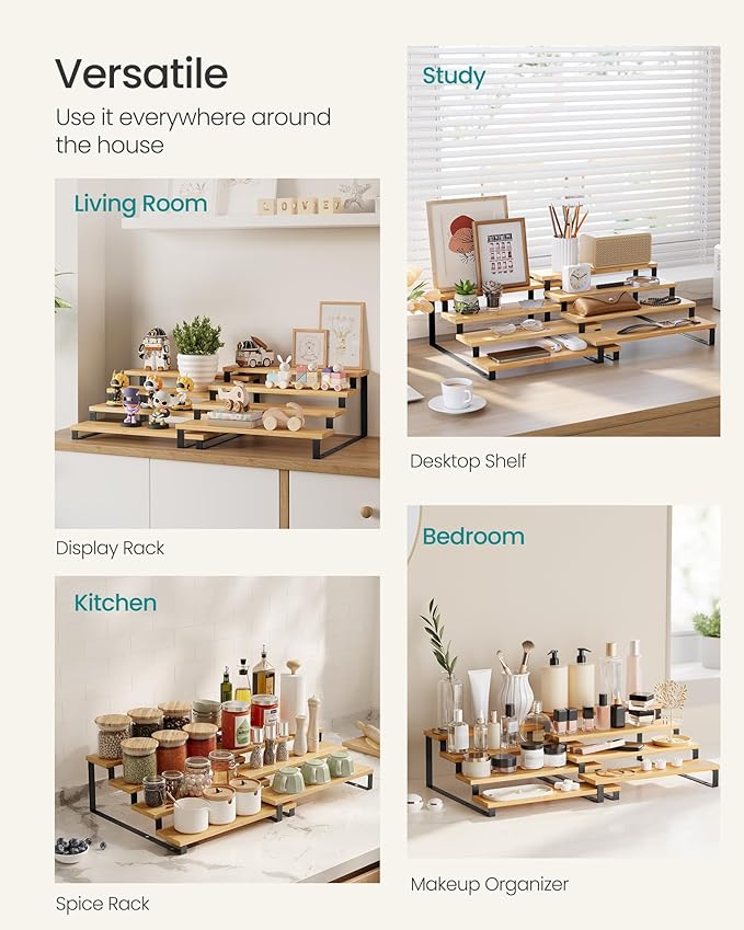 SONGMICS Display Risers, Set of 2 Engineered Wood Perfume Organizer Stand, 4-Tier Cupcake Stand Holder, Spice Rack, Shelf Risers for Figures, Dessert Shelves, Natural Beige and Ink Black UKCS216N01