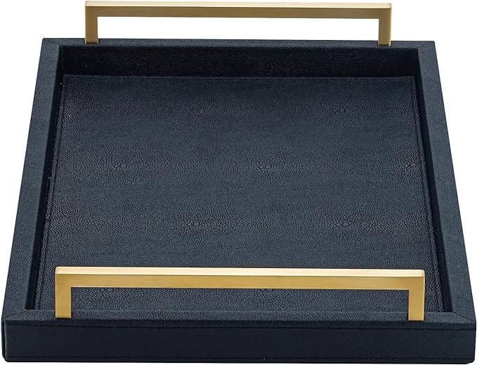 Black Faux Leather Serving Tray, 17x12 inches, Brushed Gold Handles, Decorative Tray for Ottoman Coffee Table, Living Room, Kitchen, Bathroom