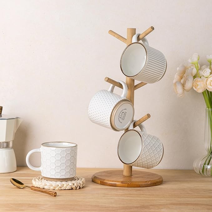 GBHOME 6OZ Stackable Coffee Mugs, Ceramic Coffee Mugs with Texture Patterns for Man,Woman,Dad,Mom, Modern Coffee Cups Set of 4 for Espresso/Cappuccino. Dishwasher&Microwave Safe