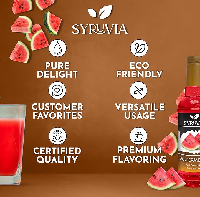 Syruvia Watermelon Syrup, Flavored Syrup for Drinks, Cocktails, Lemonades, Iced Teas, and Desserts – 25.4 fl oz, With Pump