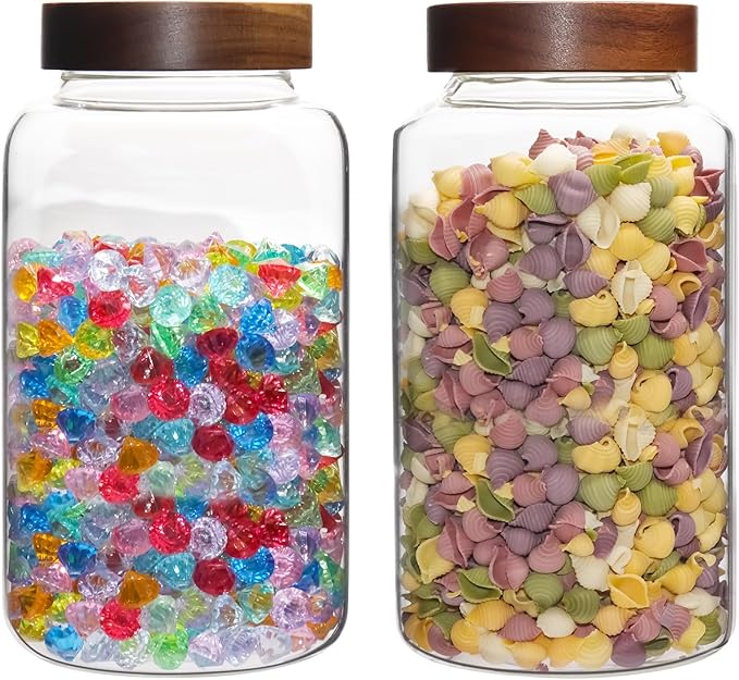 Glass Coffee Jars Spice Jar Round Storage Canister with Wooden Lid Clear Glass Food Jar for Pantry Sugar Tea Coffee Bean Spice Nuts Cookies Bath Salts (2300ml/77oz-2PACK(with spoon）)