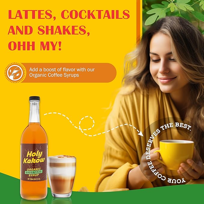 Holy Kakow Organic Sassafras Syrup - Natural Coffee Syrup, Liquid Sugar Coffee Flavoring Syrup, Cane Sugar Syrup, Liquid Sugar for Iced Coffee, Sasssafras Syrup for Coffee, Cocktails, Non-GMO - 750 ml