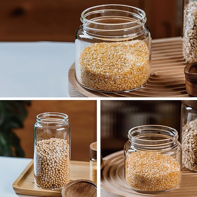 3 Pack 50 oz/1500 ml Clear Glass Storage Canister with Airtight Wooden Screw On Lid, Large Tall Decorative Glass Container Jar Set for Coffee, Nut, Tea, Candy, Cookie, Cereal, Sugar, Flour