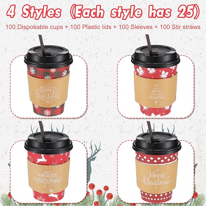 Remerry 100 Sets 400 Pcs 12 oz Christmas Disposable Coffee Cups with Lid, Straws and Sleeves Snowflake Reindeer Snowman Paper Cups Xmas Party Supplies for Hot Drink Cold Beverage(Classic Style)