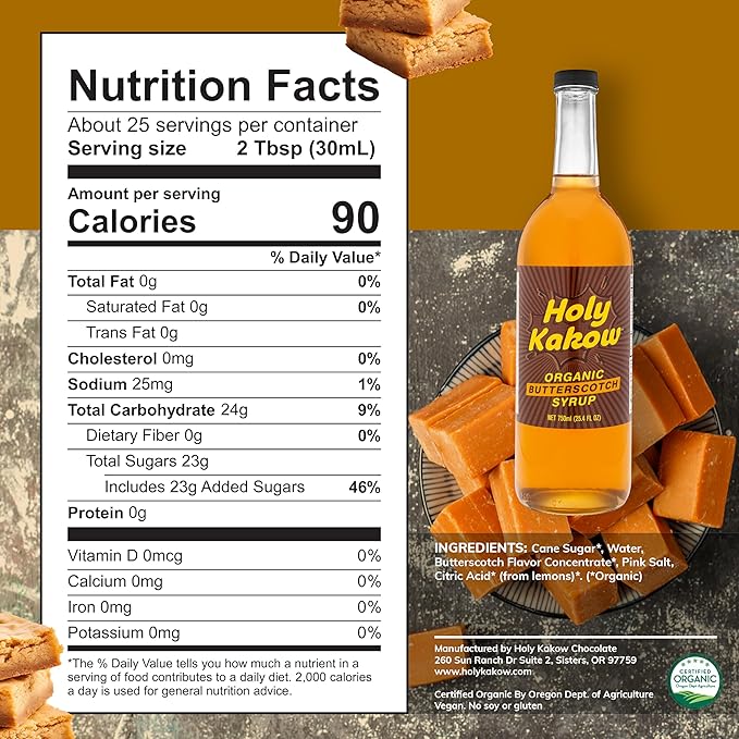 Holy Kakow Organic Butterscotch Syrup - Coffee Syrup, Liquid Sugar Coffee Flavoring Syrup, Cane Sugar Syrup, Liquid Sugar for Iced Coffee, Butterscotch Syrup for Coffee, All-Natural, Non-GMO - 750 ml