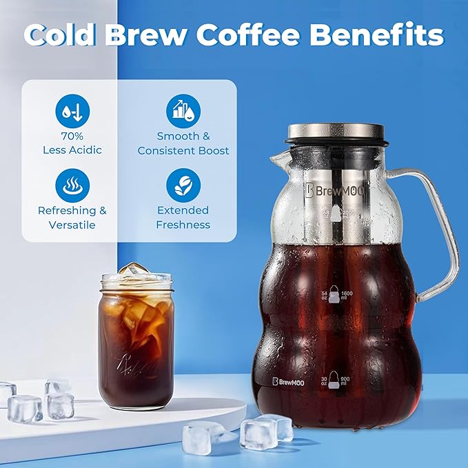 BrewMOO- Cold Brew Coffee Maker (2.0L/68Oz), Sleek Wave Borosilicate Glass Pitcher with Stainless Steel Filter, Airtight Lid + Wide Spout + Comfort Handle, Effortless Manual, Sophisticated Gift