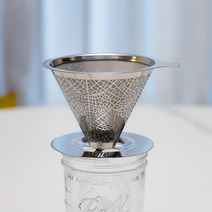 Reusable Stainless Steel Pour Over Drip Coffee Filter for Mason Jars,Fits Wide Mouth & Regular Jars, Manual Brew Coffee Dripper,No Paper Filters Needed,Rustproof,Dishwasher Safe