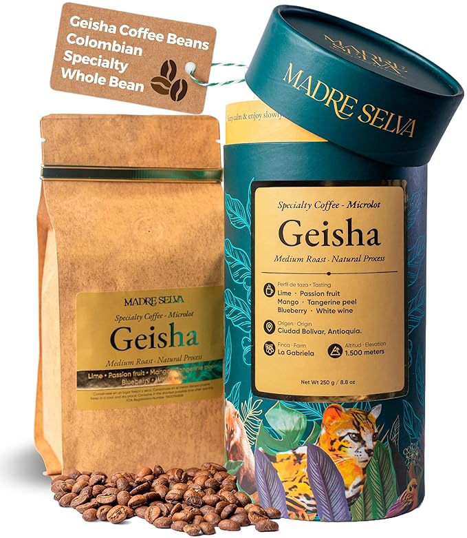 Colombian Geisha Coffee Whole Bean Medium Roast Arabica Gourmet Fresh Single Origin Premium Low Acid Exotic Notes Rich Aroma Smooth Flavor Quality High Altitude Giftable Pack Freshness Lock 8.8oz 250g