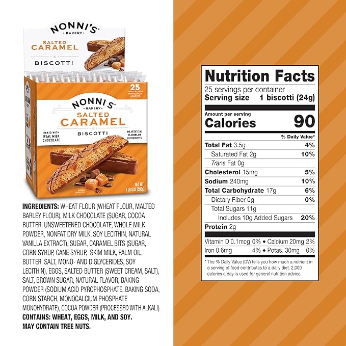 Nonni's Salted Caramel Milk Chocolate Biscotti Cookies — Individually Wrapped Italian Coffee Snack, Crunchy Twice-Baked, 90 Cal Each, 21 oz Carton