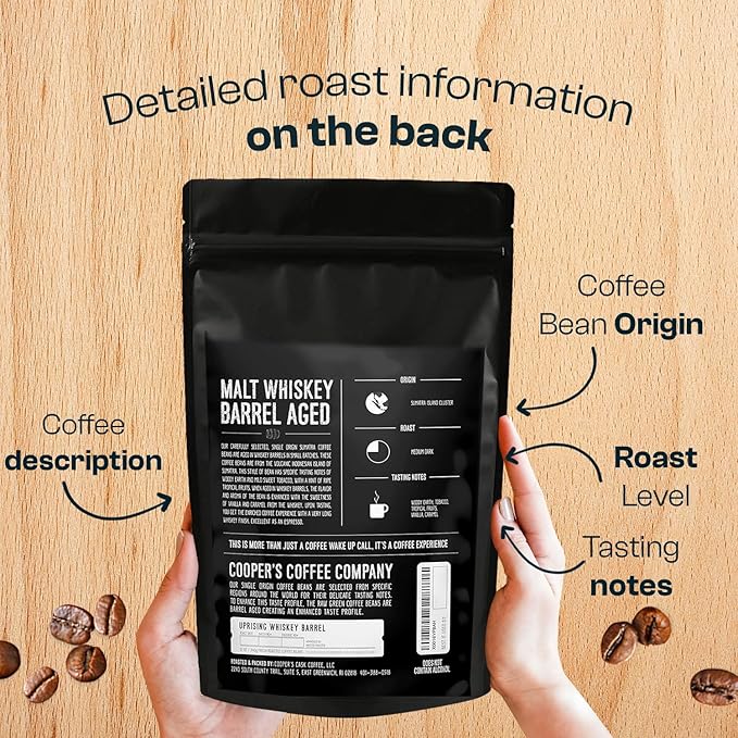 Malt Whiskey Barrel Aged Coffee, Single-Origin Sumatra Beans Aged in American Malt Whiskey Barrels, Medium Dark Roast Whole Bean, 2 lb