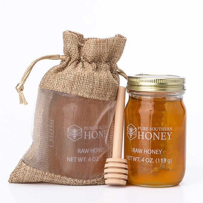 100% Authentic, USA – Made [ 4 oz ] MINI Raw Unfiltered Honey Gourmet Gift Bag with Dipper, Pure Southern Honey - Unheated - Non - GMO, No Additives, All - Natural Sweetener- Environmental-Friendly Glass Jar