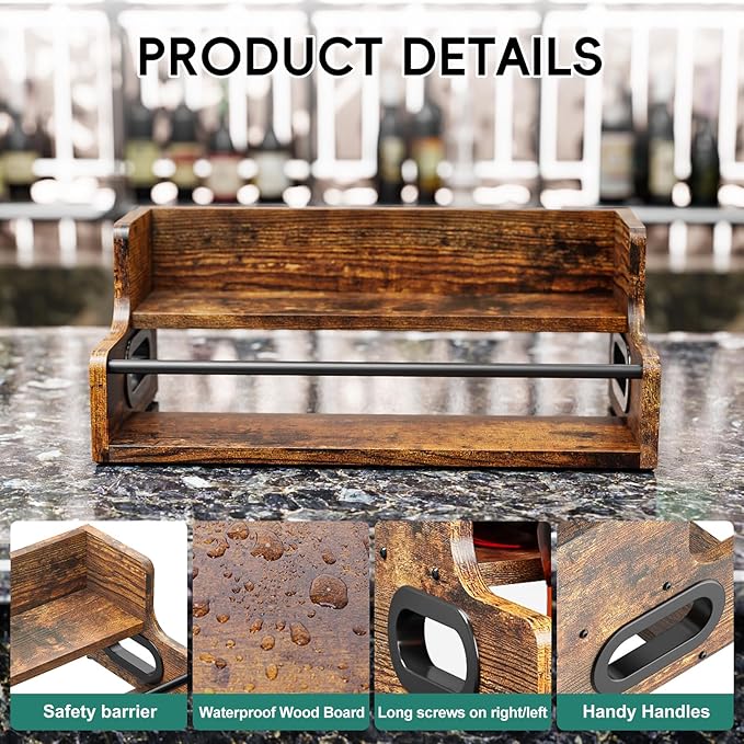 KLM Liquor Bottle Display Shelf, Coffee Syrup Rack Organizer, 2 Step Countertop Liquor Wine Rack, mini bar,Liquor Cabinet, Home Retro Bar Shelf Stand for Liquor Whiskey, Spirits, Brown