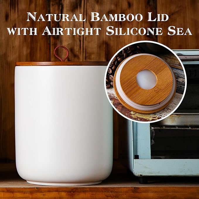 JOJUNO White Ceramic Food Storage Canister Set (30 oz, 48 oz, 82 oz) with Bamboo Lids, 3-Piece Airtight Jars for Flour, Sugar, Coffee, Tea, Oats, Spice – Kitchen Storage Containers with Lids