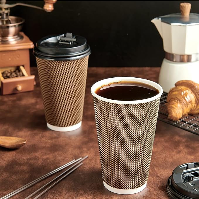 LITOPAK 80 Pack 16 oz Paper Coffee Cups, Insulated Ripple Wall Paper Cups with Lid and Straws, Three Layer Insulated Hot Beverage Cups for Hot Drinks, Coffee Cups for Parties, Picnic, and Travel