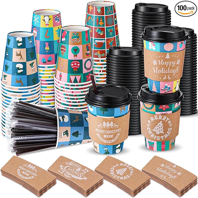 Remerry 100 Sets 400 Pcs 12 oz Christmas Disposable Coffee Cups with Lid, Straws and Sleeves Snowflake Reindeer Snowman Paper Cups Xmas Party Supplies for Hot Drink Cold Beverage(Christmas Style)