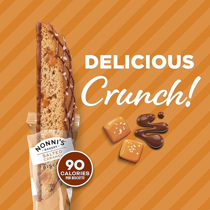 Nonni's Salted Caramel Milk Chocolate Biscotti Cookies — Individually Wrapped Italian Coffee Snack, Crunchy Twice-Baked, 90 Cal Each, 21 oz Carton