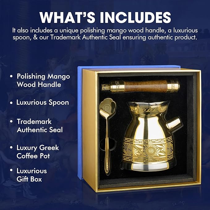 NIKPAR Luxury Greek Coffee Pot Macedonian Collection, Turkish Arabic Coffee Pot, Coffee Maker, Patent Detachable Handle Cezve, Briki Laser Engraved, Luxurious Gift Box (16 oz Medium)