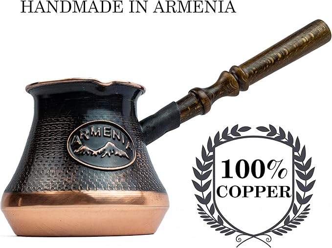 Handmade Armenian Coffee Pot Maker 2 Small cup Copper Jazva Ararat Turkish Arabic Greek Cezve Jezve Ibrik Turka Jazve Wooden Handle (7 Fl Oz)