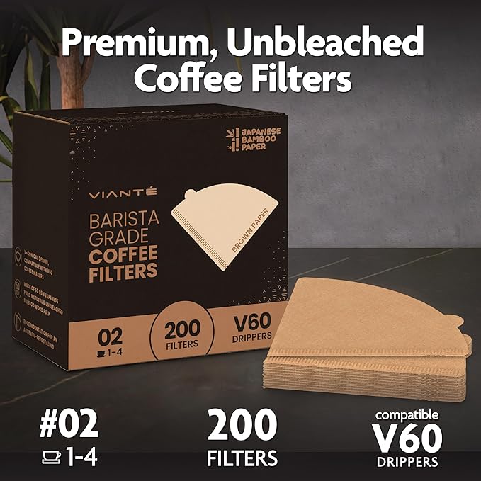 Vianté V60 Coffee Filters. Pour Over Coffee Filter Size 2 Brown Unbleached Filters From Natural Bamboo Fibers (200 Count)