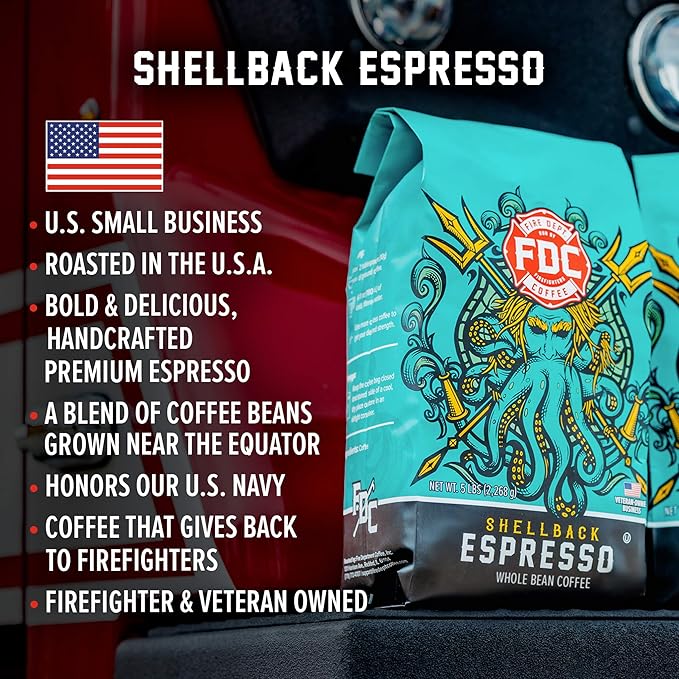 Fire Department Coffee - Gives Back to Firefighters - Bold & Smooth Shellback Espresso Coffee Beans - Roasted in the USA - Premium Espresso Beans - Veteran Owned - Bulk 5 LB