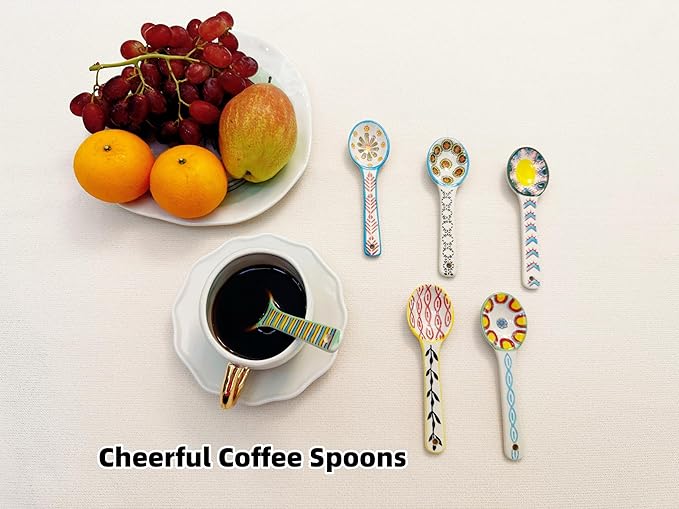 Ceramic Coffee Spoons Set of 6 – Multipurpose Teaspoons for Espresso/Tea/Dessert | Assorted Bright Colors, Lead-Free | Dishwasher/Microwave Safe | Cute Decorative Spoons for Kitchen & Gifts
