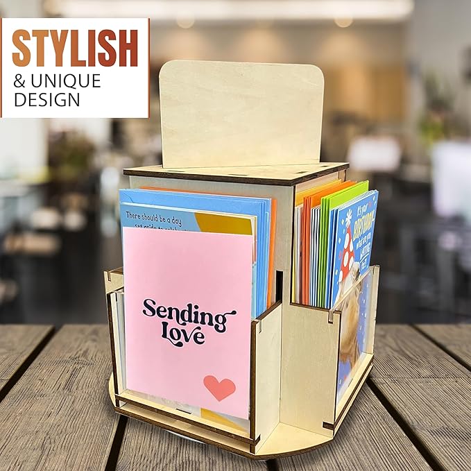 Rotating Greeting Card Display Stand, 1 Tier Wooden Organizer, 4-Sided Display Rack 360 Degree Spinning Multi-Pocket Display for Coasters, Stickers, Retail, Showcase, Tradeshow, 12.5”H (Natural)