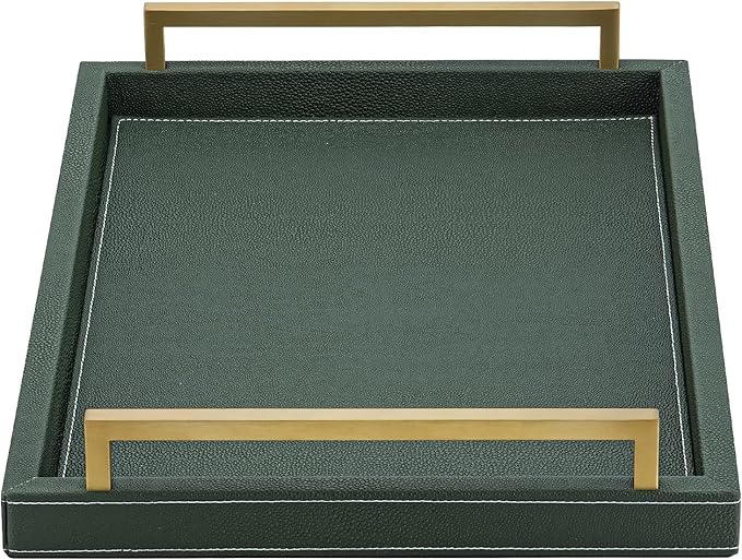 Green Decorative Serving Tray,Rectangular Tray for Coffee Table,Faux Leather Serving Tray with Handles for Ottoman,Shagreen Leather Tray for Bathroom