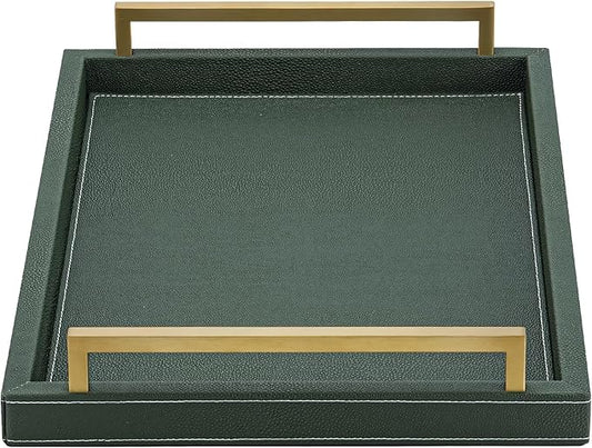 Green Decorative Serving Tray,Rectangular Tray for Coffee Table,Faux Leather Serving Tray with Handles for Ottoman,Shagreen Leather Tray for Bathroom