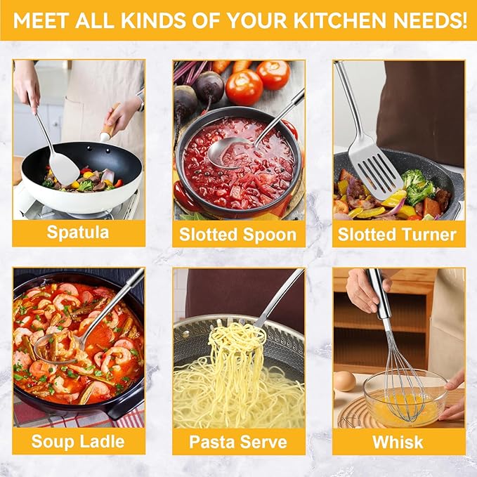 Stainless Steel Kitchen Cooking Utensils Set of 7 - Kitchen Utensils with Hanging Rack, Spatula, Slotted Turner, Soup Ladle, Slotted Spoon, Whisk, Pasta Server, Holder, Dishwasher Safe