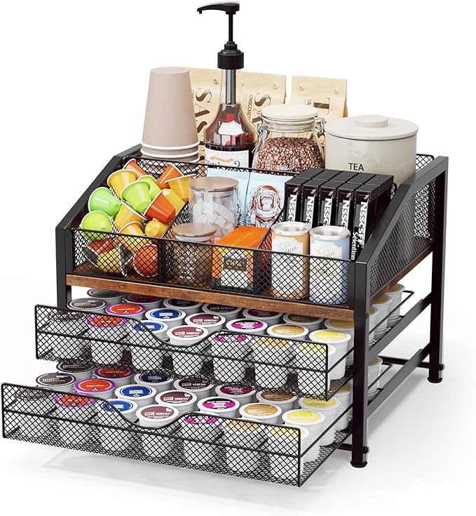 Coffee Bar Organizer - Coffee Station for Countertop, Metal and Wood K Cup holder Storage Basket for Coffee Pods, Syrup, Cups, Stirrer, Coffee Condiment, Tea Organizer, Black and Brown