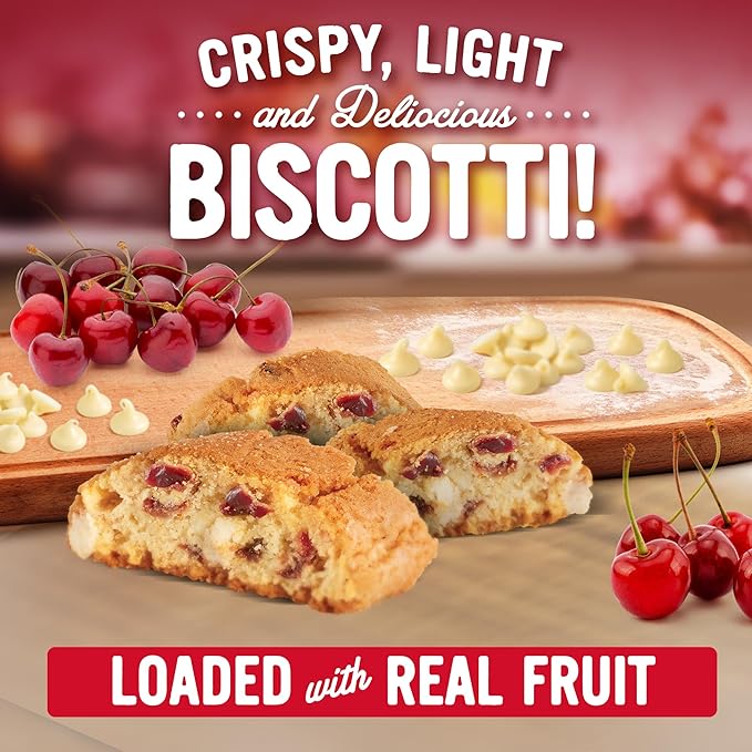 COOPER STREET Twice Baked Cherry White Chip Biscotti Cookies - Crispy Mini Biscotti Cookies Ideal with Coffee - Traditional Low Calorie Italian Snacks - Kosher, Dairy, Peanut & Soy Free (6 Pack)
