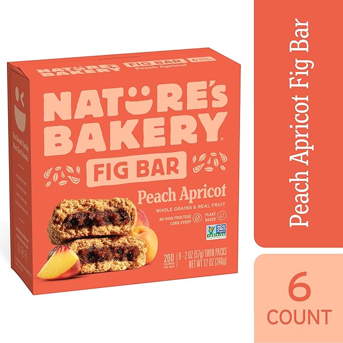 Nature's Bakery Whole Wheat Fig Bars, Peach Apricot, Vegan Snacks, Non-GMO (6 Count of 2 Ounce Bars), 12 Ounce