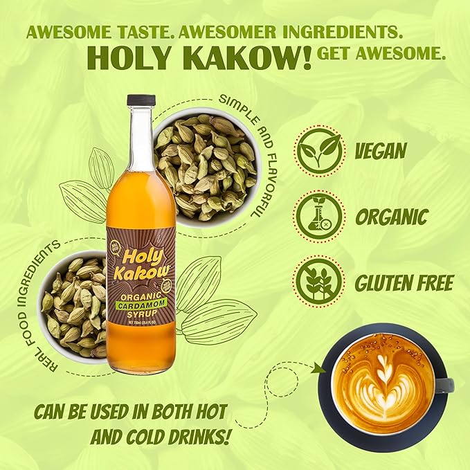Holy Kakow Cafe Organic Cardamom Syrup - Cardamom Syrup, Coffee Syrup, Organic Syrup for Coffee, Cardamom Syrup for Coffee, Add to Latte, Cocktail and Shake, Real Food Ingredients - 750ml