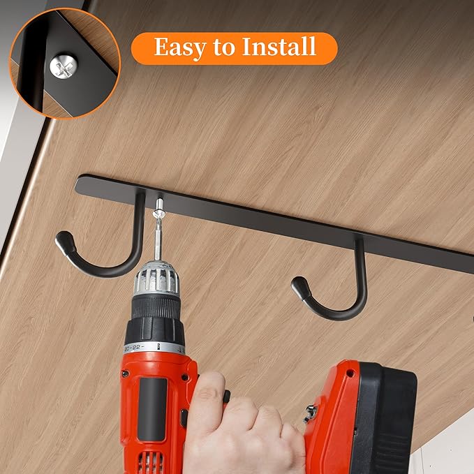 ECROCY Coffee Mug Holder Under Cabinet, Easy Screw Mounting, 3 Pack Mug Rack with Wide Hook Spacing, Sturdy Mug Hooks Space-Saving