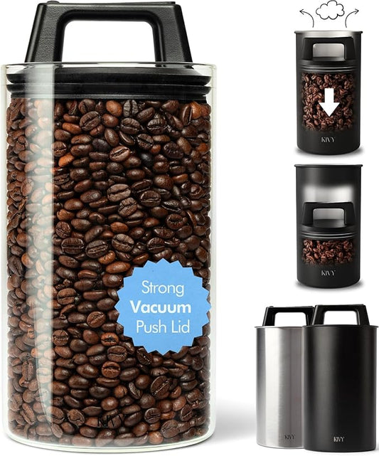 KIVY Vacuum Seal Coffee Canister [AIRTIGHT] - Coffee Canister with Airtight Lid - Airtight Coffee Jar - Air Tight Coffee Container - Vacuum Storage (Glass)