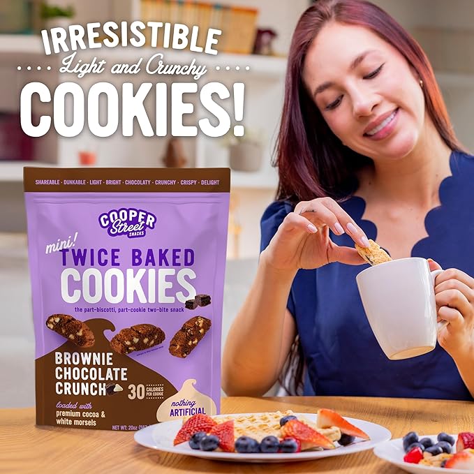 Cooper Street Twice-Baked Brownie Chocolate Biscotti Cookies (16oz each, Pack of 2) - 50 Two-Bite Mini Italian Style Snacks - Dairy-Free, Peanut Free, Kosher, Low-Calorie, Perfect with Coffee or Tea