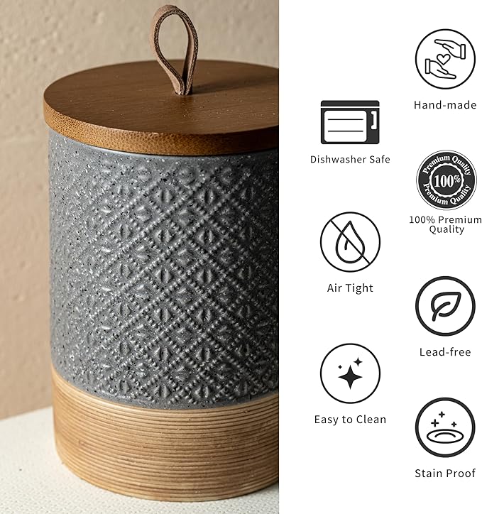 Ceramic Spice Jars with Lids, Coffee Canister with Airtight Lid, Small Kitchen Food Storage Jars for Spice Sugar Tea Bag, Stackable Decor Kitchen Jar for Counter - Gray & 20 fl.oz