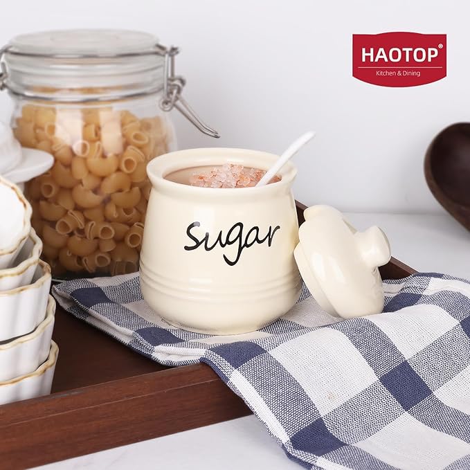 HAOTOP 12oz Sugar Bowl with Lid and Spoon,Ceramic Sugar Jar Sugar Dispenser Sugar Container Coffee Bar Accessories, Kitchen Countertop Canisters, Beige