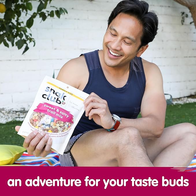 Snak Club Sweet and Salty Trail Mix with Peanuts, Butter Toffee Peanuts, Chocolatey Candies, Toasted Corn, Honey Sesame Sticks, and Almonds, Kosher Snack, 5.5 oz Resealable Bags, 6 Pack