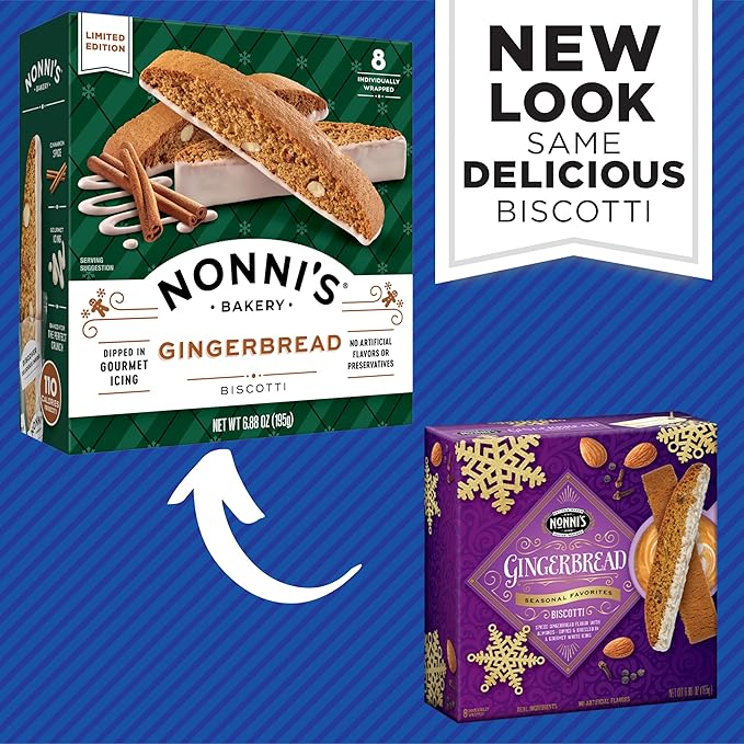 Nonni's Gingerbread Biscotti Holiday Cookies - 2 Boxes Gingerbread Cookies - Gingerbread Christmas Cookies w/Almonds & White Icing - Biscotti Individually Wrapped Cookies - Italian Cookies - 6.88 oz