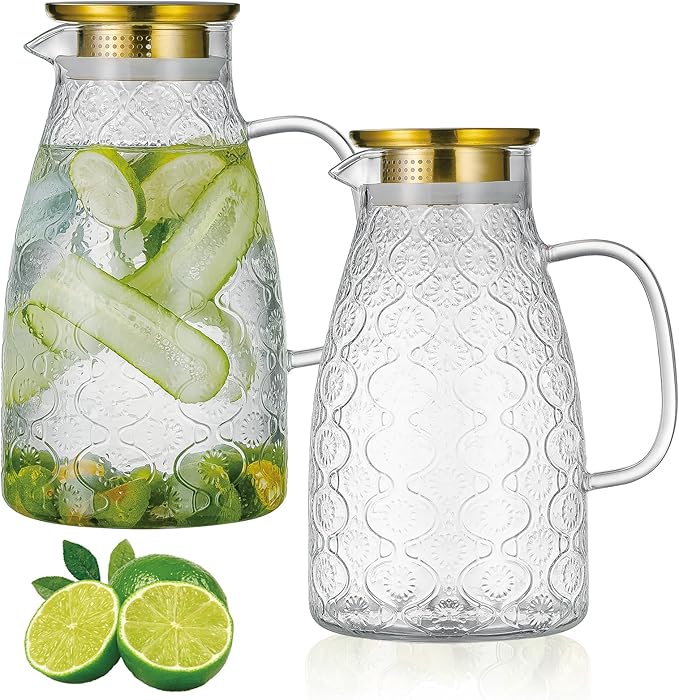 Glass Pitcher with Lid and Handle, 2 PACK 68 oz/2 Liter Vintage Flower Design Fridge Water Pitcher, Borosilicate Glass Water Carafe for Hot/Cold Water,Coffee,Iced Sun Tea,Heat Resistant