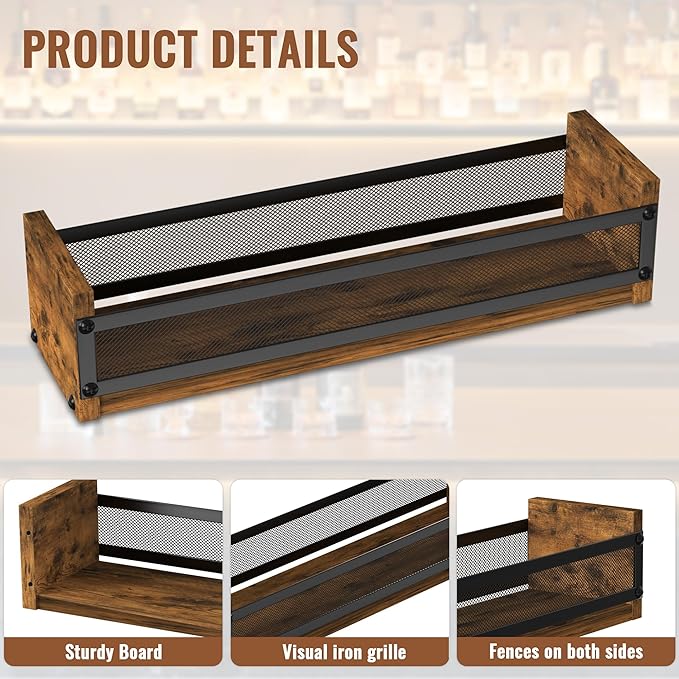 Alyoen Liquor Bottle Display Shelf, Coffee Syrup Rack Organizer, Countertop Liquor Wine Rack, 4 Bottles Coffee Station Organizer with Fences & Handles, Home Retro Bar Shelf Stand for Liquor Whiskey