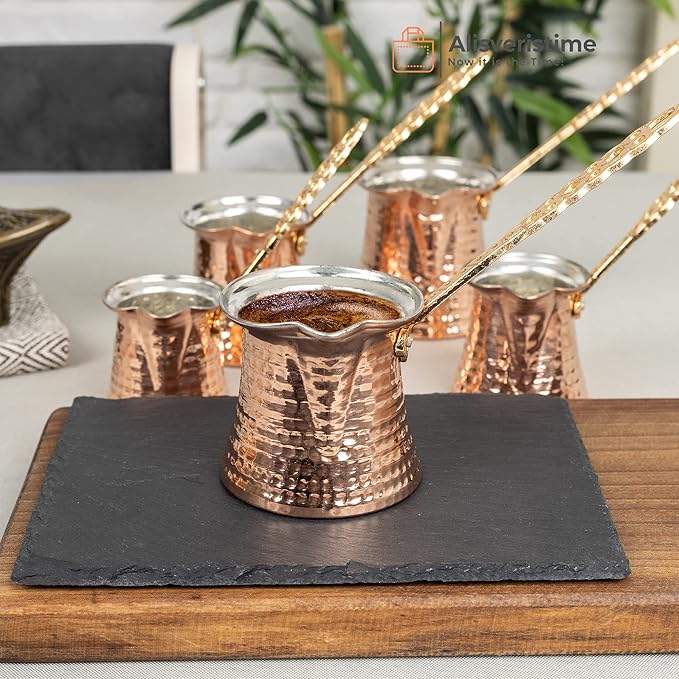 Turkish Solid Hammered Copper Greek Arabic Coffee Pot Stovetop Coffee Maker Cezve Ibrik Briki with (5 Size) (Metal Handle)